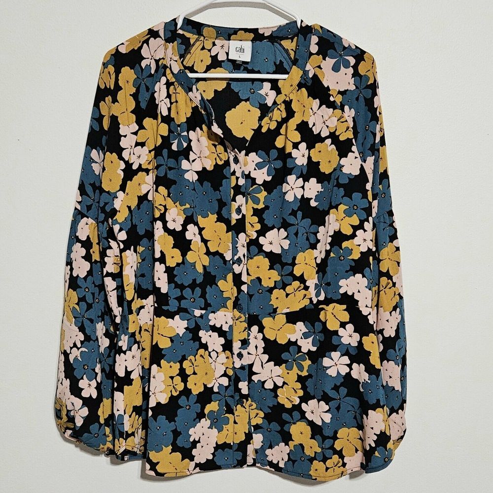 CAbi Favorite Blouse Size‎ L Floral Drop Button Front Bishop Long Sleeve Peplum